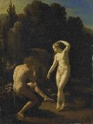 A nymph dancing before a shepherd playing a flute.